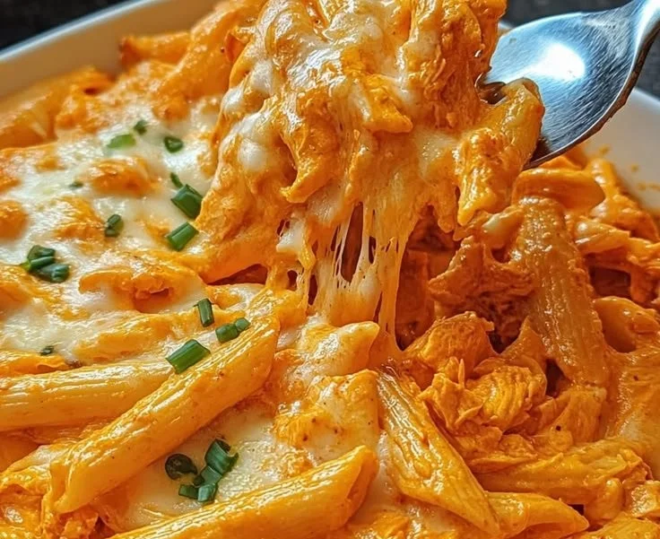 Creamy Buffalo Chicken Pasta Bake dish topped with cheese and herbs