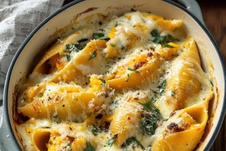 Creamy butternut squash stuffed shells topped with cheese