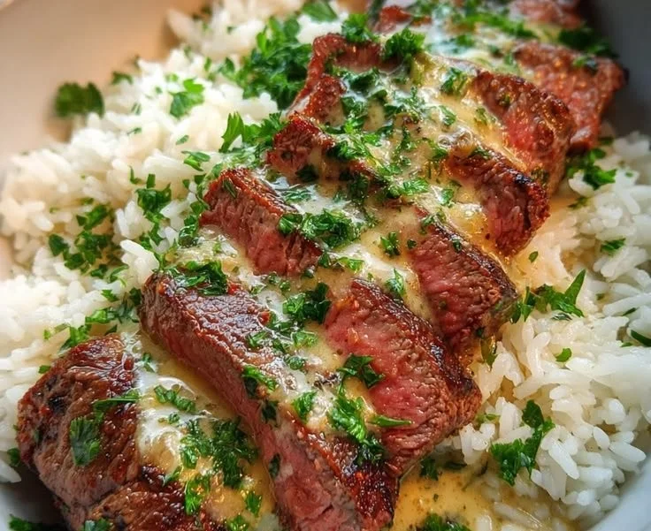 Creamy garlic butter steak served over rice with a side of vegetables