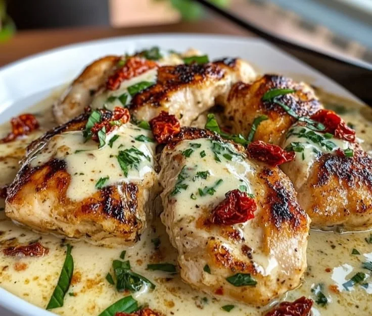 Plate of creamy garlic marry me chicken garnished with fresh herbs