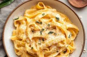 Creamy pumpkin Alfredo pasta garnished with herbs in a bowl