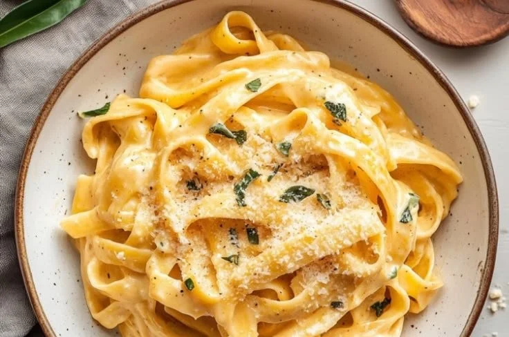 Creamy pumpkin Alfredo pasta garnished with herbs in a bowl