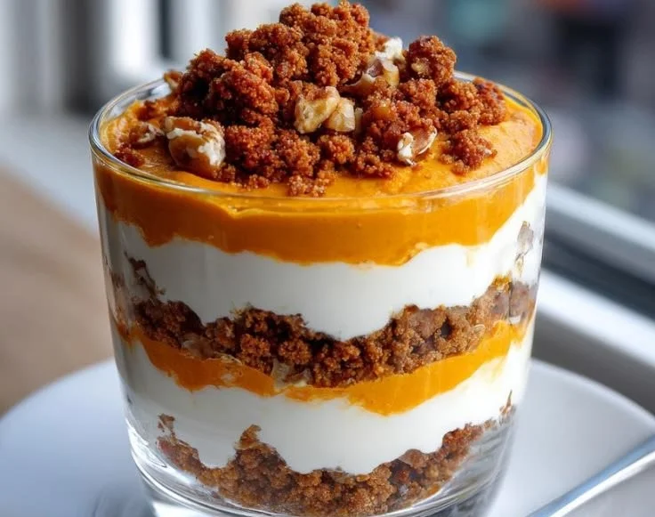Creamy pumpkin cottage cheese parfait served in a glass bowl