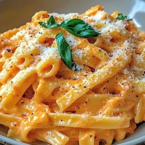 Plate of creamy roasted red pepper pasta garnished with fresh basil