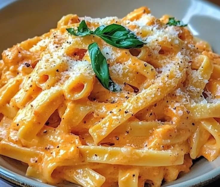 Plate of creamy roasted red pepper pasta garnished with fresh basil