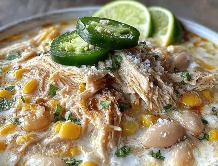 Bowl of creamy slow cooker white chicken chili topped with cilantro and avocado