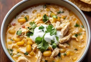 Creamy white chicken chili served in a bowl with fresh toppings.