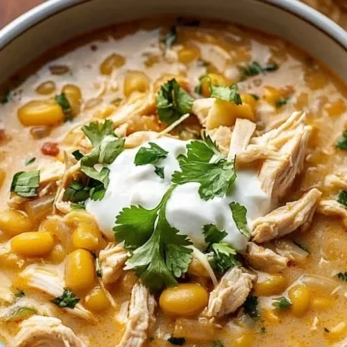 Creamy white chicken chili served in a bowl with fresh toppings.