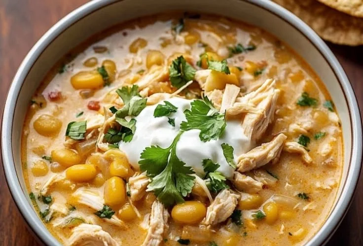 Creamy white chicken chili served in a bowl with fresh toppings.