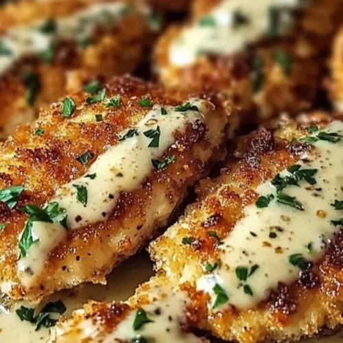 Delicious crispy Parmesan crusted chicken served with garlic sauce