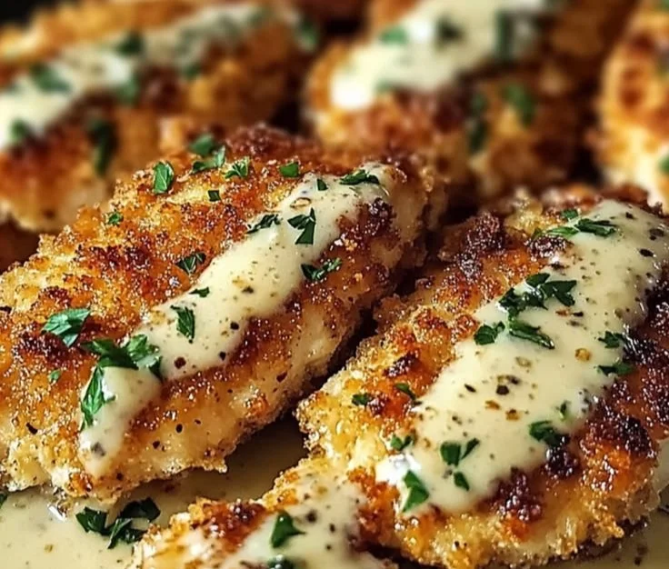 Delicious crispy Parmesan crusted chicken served with garlic sauce