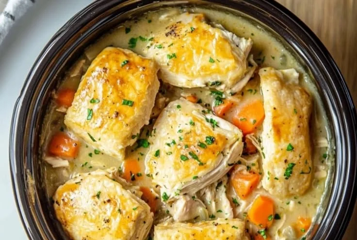 Delicious crockpot chicken pot pie with vegetables and flaky crust.