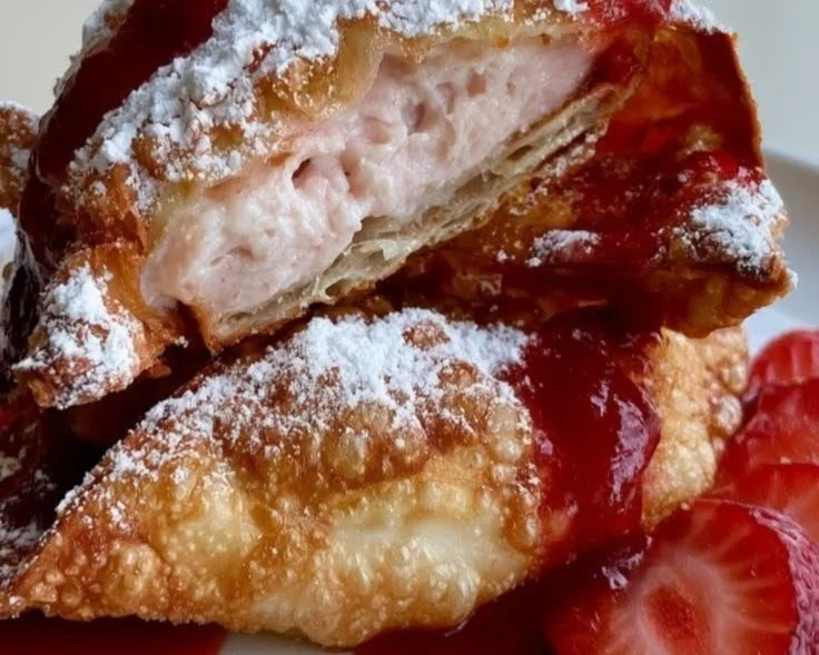 Deep fried strawberry cheesecake wontons with a crispy golden exterior and creamy filling