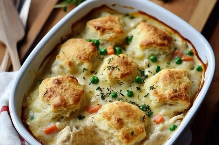 Creamy chicken dumplings casserole with biscuit topping served in a baking dish