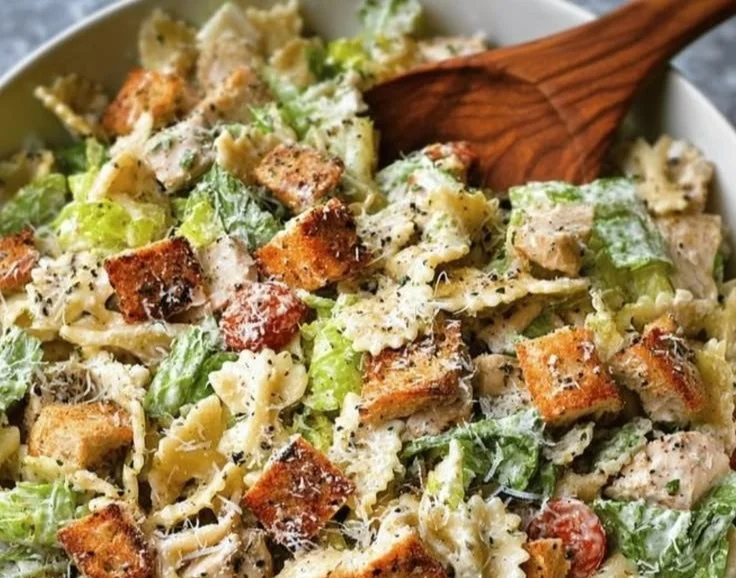 Bowl of easy Chicken Caesar Pasta Salad with grilled chicken, romaine, and Caesar dressing