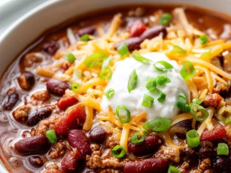 Delicious bowl of Easy Crockpot Chili topped with fresh herbs
