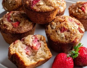 Delicious strawberry muffins made with Greek yogurt, fresh strawberries, ready in 35 minutes.