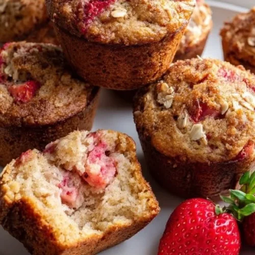 Delicious strawberry muffins made with Greek yogurt, fresh strawberries, ready in 35 minutes.