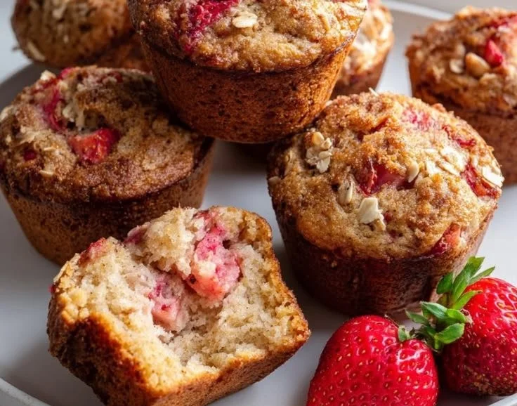 Delicious strawberry muffins made with Greek yogurt, fresh strawberries, ready in 35 minutes.