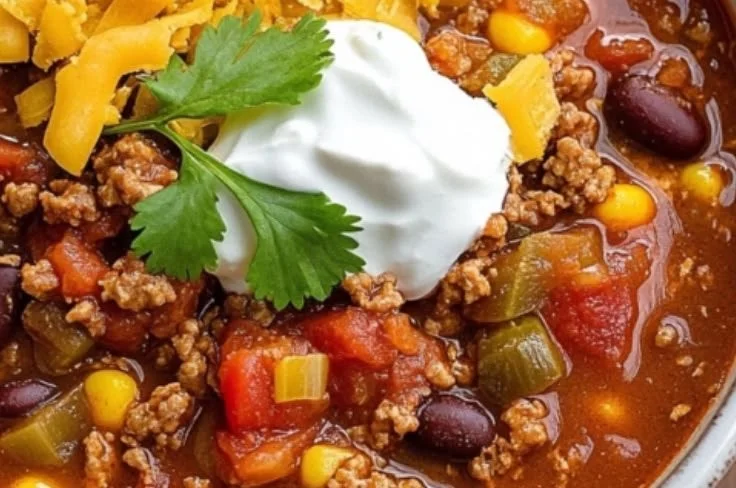 A bowl of easy taco soup topped with cheese and cilantro.