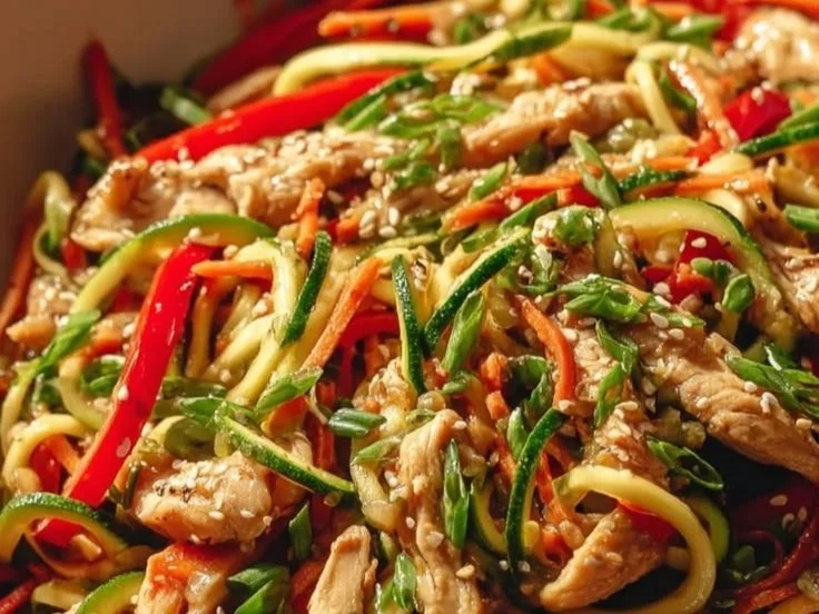 Flavorful low carb garlic chicken stir fry with zucchini noodles.