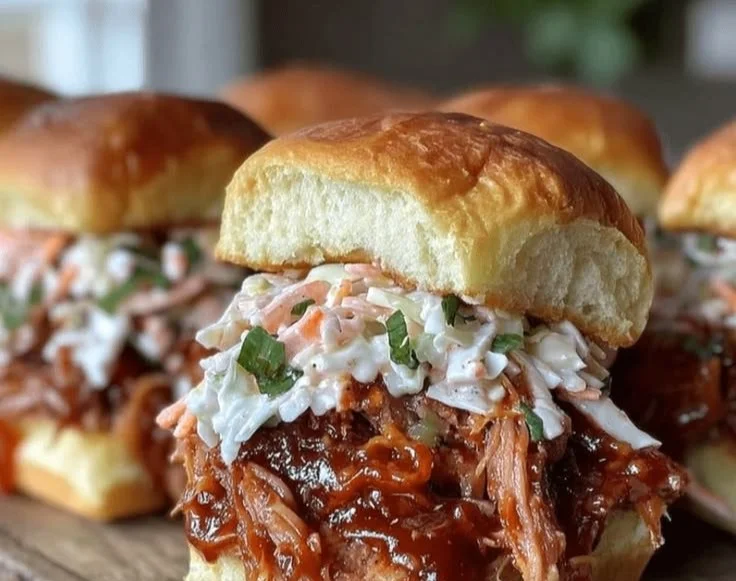 Smoky BBQ pulled pork sliders with apple cider coleslaw on a wooden platter.