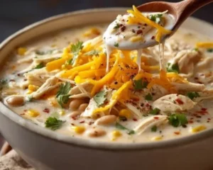 A bowl of flavorful white chicken chili topped with fresh herbs