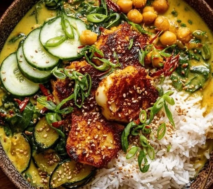 Golden Chickpea & Zucchini Coconut Curry with Halloumi