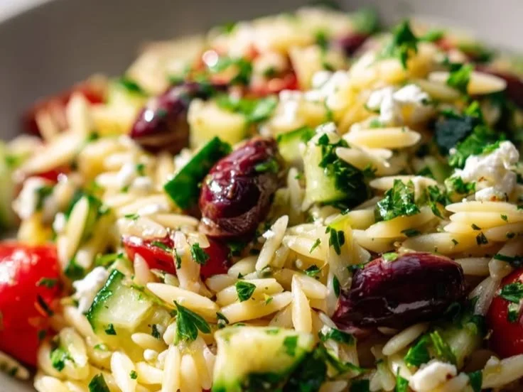 Greek Orzo Pasta Salad with fresh vegetables and zesty lemon dressing