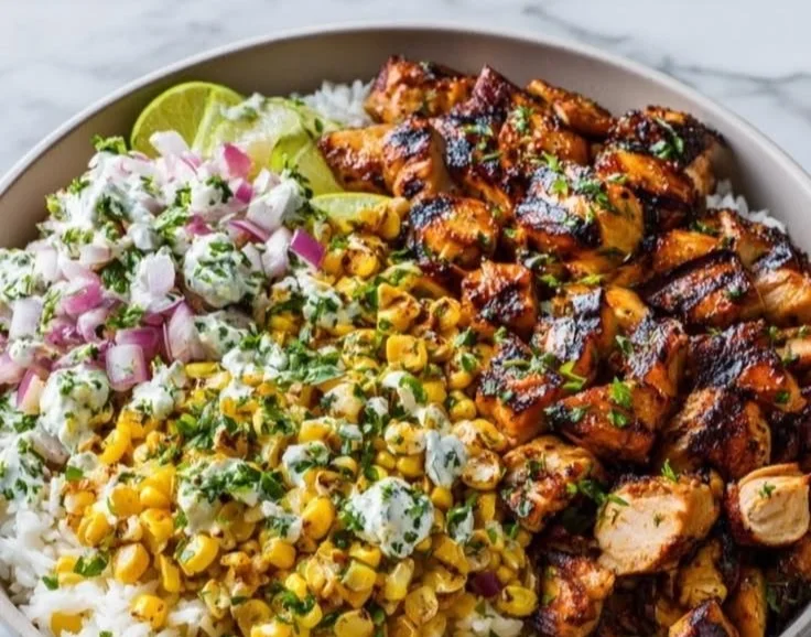 Grilled Chicken Qdoba Bowl with fresh toppings and vibrant colors