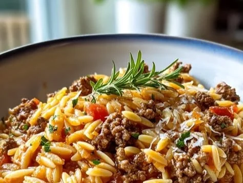 Delicious ground beef orzo skillet dish served in a frying pan