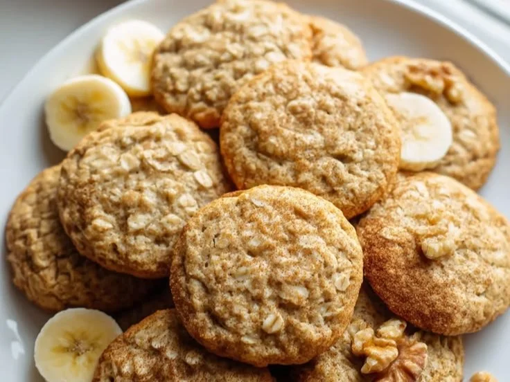 Healthy banana oat cookies arranged on a plate with banana slices and oats