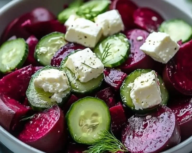 Healthy beet feta salad with greens and dressing