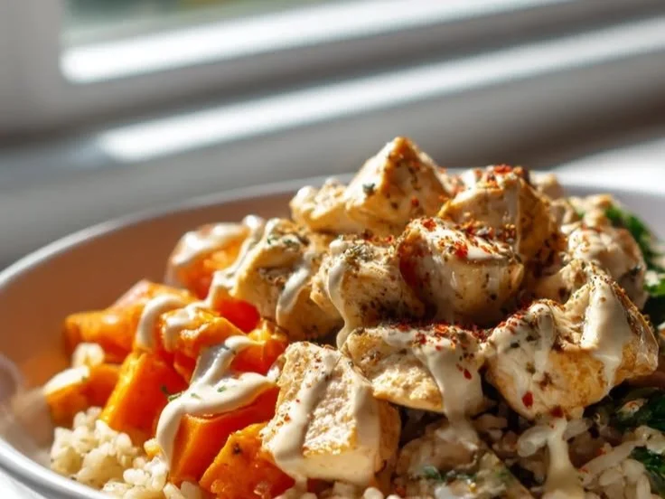 Healthy chicken sweet potato rice bowl with brown rice and vegetables