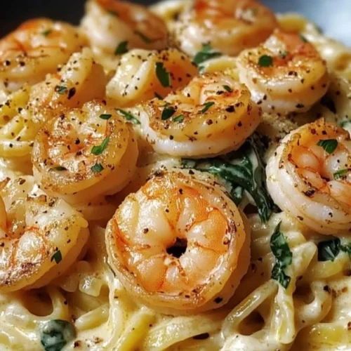 High protein creamy garlic shrimp pasta garnished with parsley