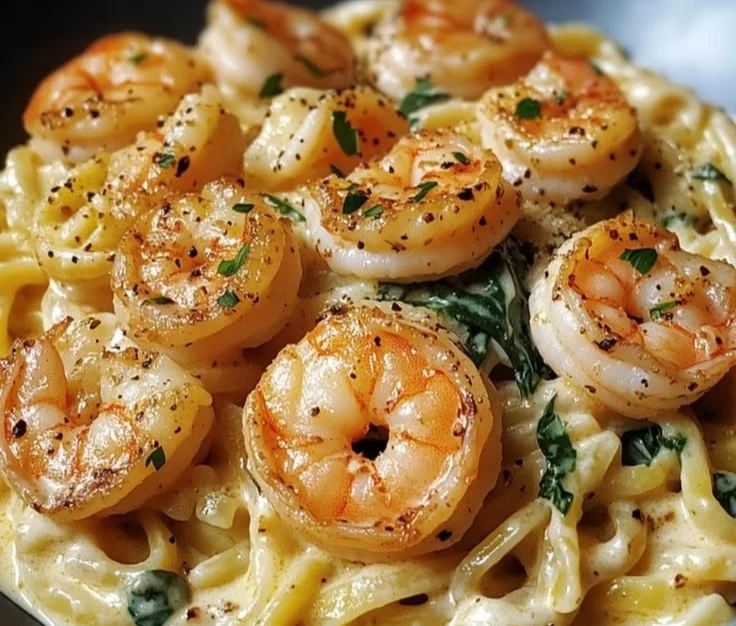 High protein creamy garlic shrimp pasta garnished with parsley