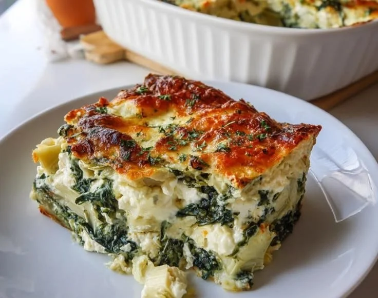 High Protein Spinach Artichoke Bake in a casserole dish, garnished and ready to serve.