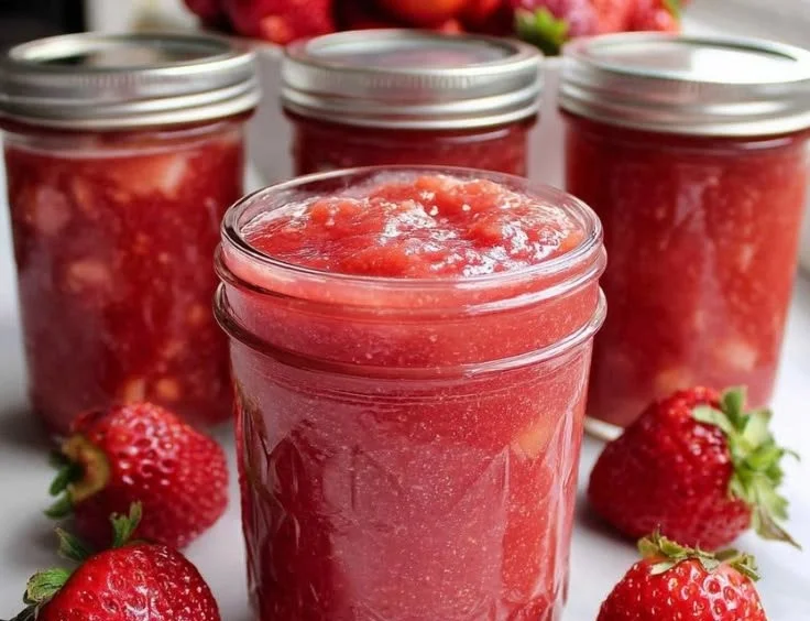 Jar of homemade strawberry rhubarb jam with fresh strawberries and rhubarb