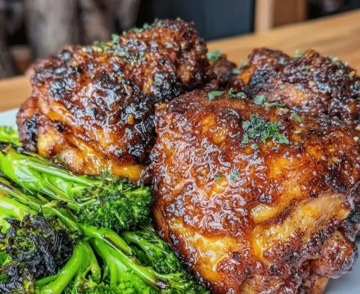 Honey garlic chicken thighs served with roasted broccoli