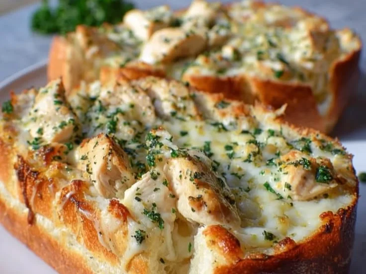 Creamy Chicken Alfredo pasta served with garlic bread for a perfect dinner