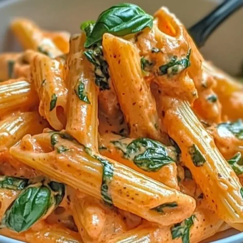 Creamy tomato garlic pasta topped with fresh herbs and cheese.