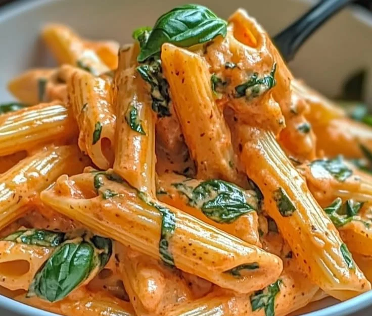 Bowl of creamy tomato garlic pasta garnished with fresh basil