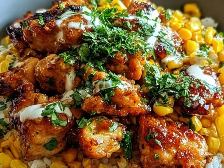 Delicious corn chicken rice bowl topped with fresh ingredients and spices