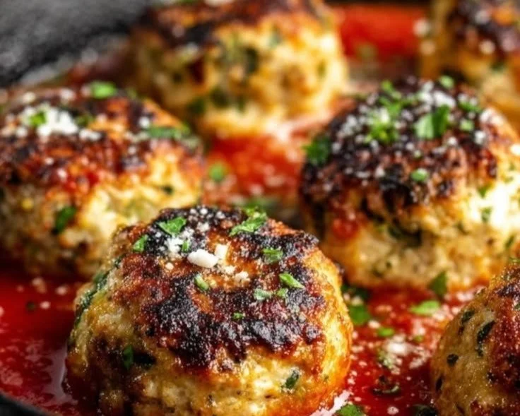 Juicy baked chicken ricotta meatballs on a plate with sauce