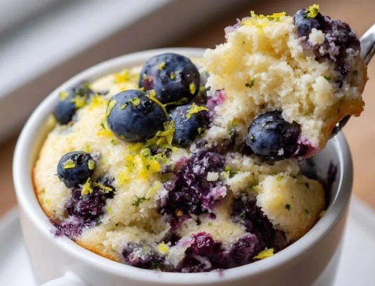 Lemon Blueberry Cottage Mug Cake with protein, served in a cozy mug