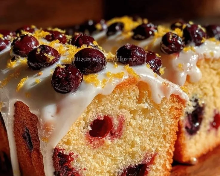 Slice of lemon blueberry pound cake garnished with fresh blueberries and lemon zest