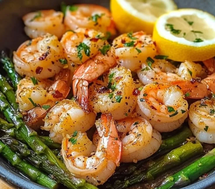 Plate of Lemon Garlic Shrimp with asparagus garnished with fresh herbs