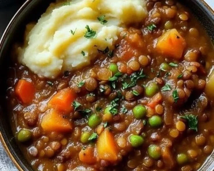 Bowl of hearty lentil vegetable stew with fresh vegetables and herbs