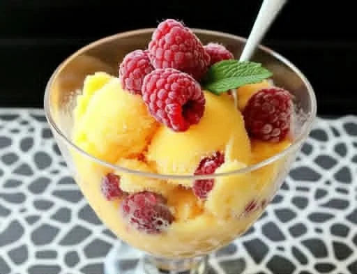 Mango Coconut Sherbet with Raspberries
