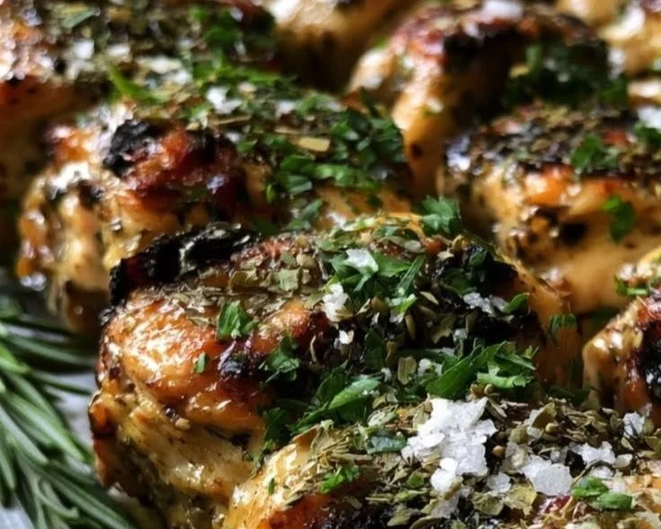 Delicious marinated Greek grilled chicken garnished with herbs and lemon.